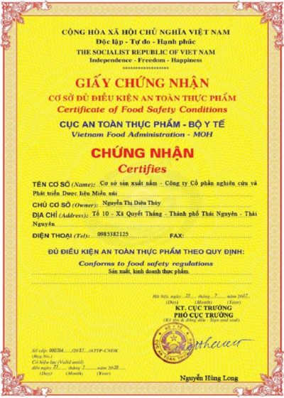 Chứng nhận Vệ sinh an toàn thưc phẩm - CordyHappy